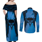 Personalised Moko Kauae New Zealand Couples Matching Off Shoulder Maxi Dress and Long Sleeve Button Shirt Maori Chin Tattoo Blue - Aussie Hoodie