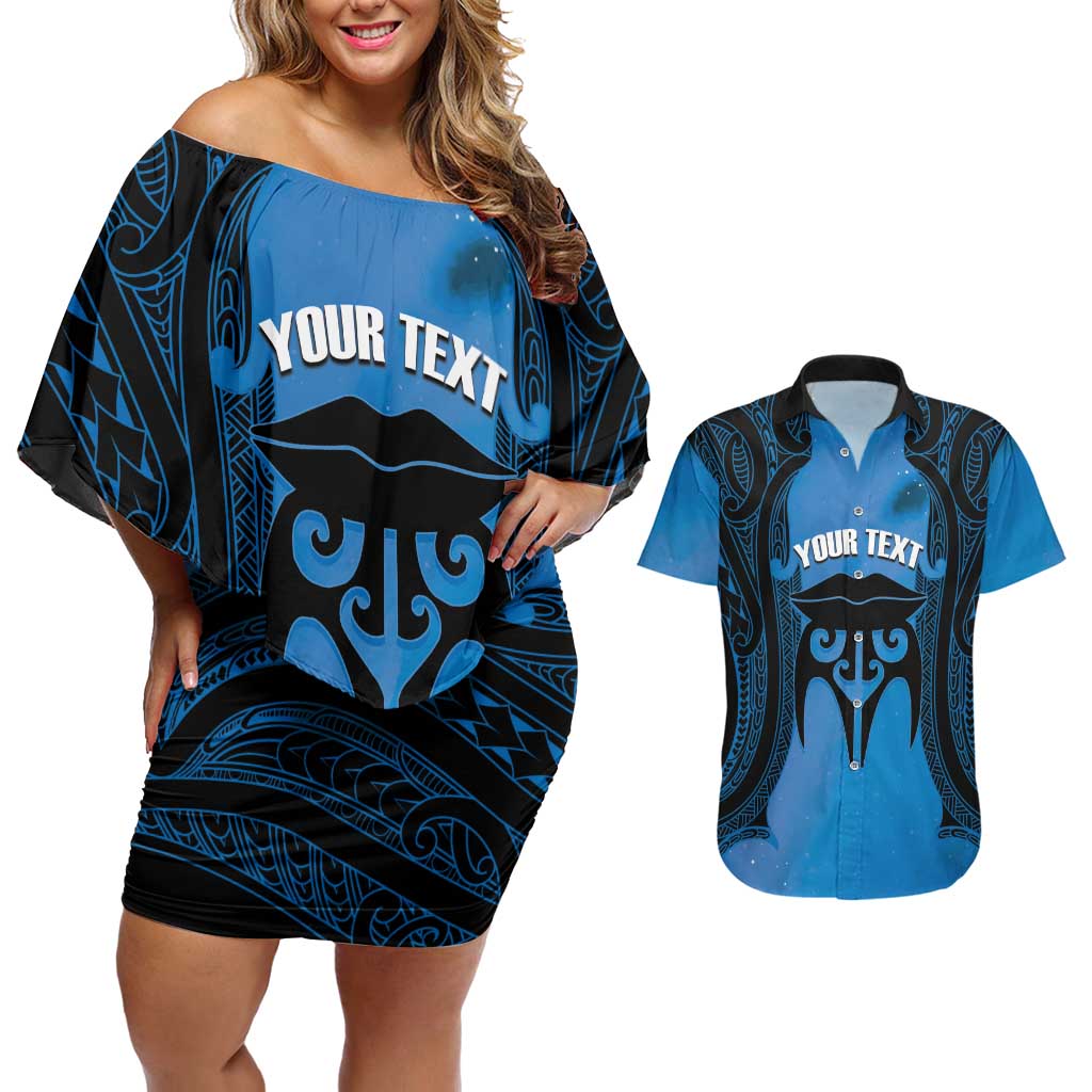 Personalised Moko Kauae New Zealand Couples Matching Off Shoulder Short Dress and Hawaiian Shirt Maori Chin Tattoo Blue - Aussie Hoodie