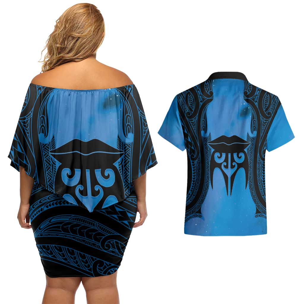 Personalised Moko Kauae New Zealand Couples Matching Off Shoulder Short Dress and Hawaiian Shirt Maori Chin Tattoo Blue - Aussie Hoodie