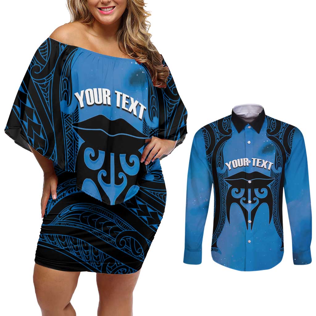Personalised Moko Kauae New Zealand Couples Matching Off Shoulder Short Dress and Long Sleeve Button Shirt Maori Chin Tattoo Blue - Aussie Hoodie
