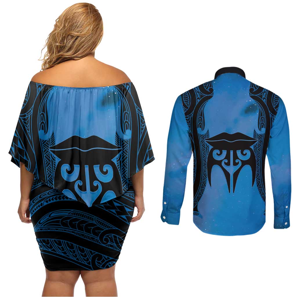 Personalised Moko Kauae New Zealand Couples Matching Off Shoulder Short Dress and Long Sleeve Button Shirt Maori Chin Tattoo Blue - Aussie Hoodie
