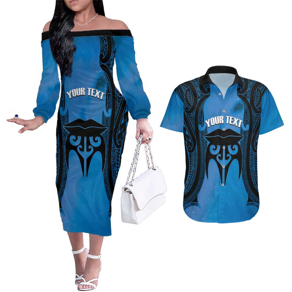 Personalised Moko Kauae New Zealand Couples Matching Off The Shoulder Long Sleeve Dress and Hawaiian Shirt Maori Chin Tattoo Blue - Aussie Hoodie