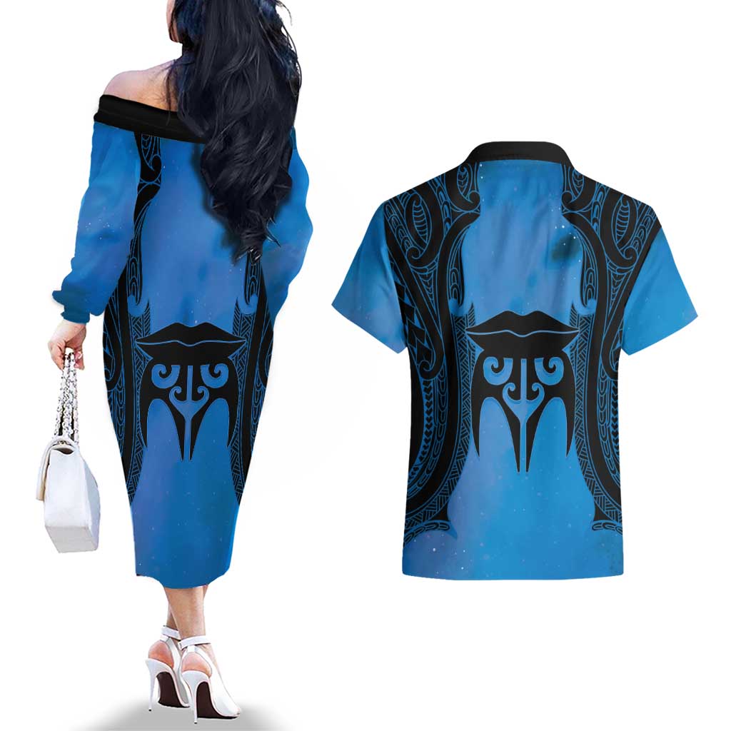 Personalised Moko Kauae New Zealand Couples Matching Off The Shoulder Long Sleeve Dress and Hawaiian Shirt Maori Chin Tattoo Blue - Aussie Hoodie