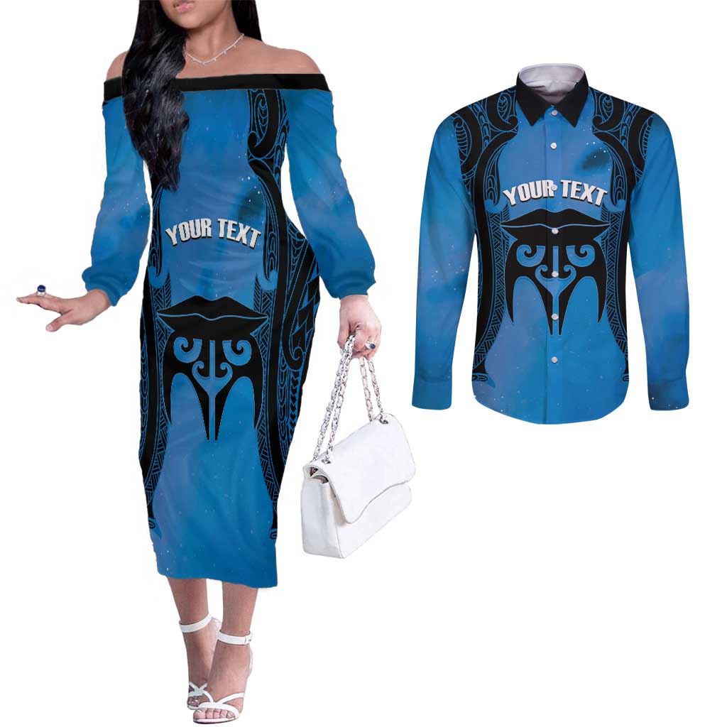 Personalised Moko Kauae New Zealand Couples Matching Off The Shoulder Long Sleeve Dress and Long Sleeve Button Shirt Maori Chin Tattoo Blue - Aussie Hoodie