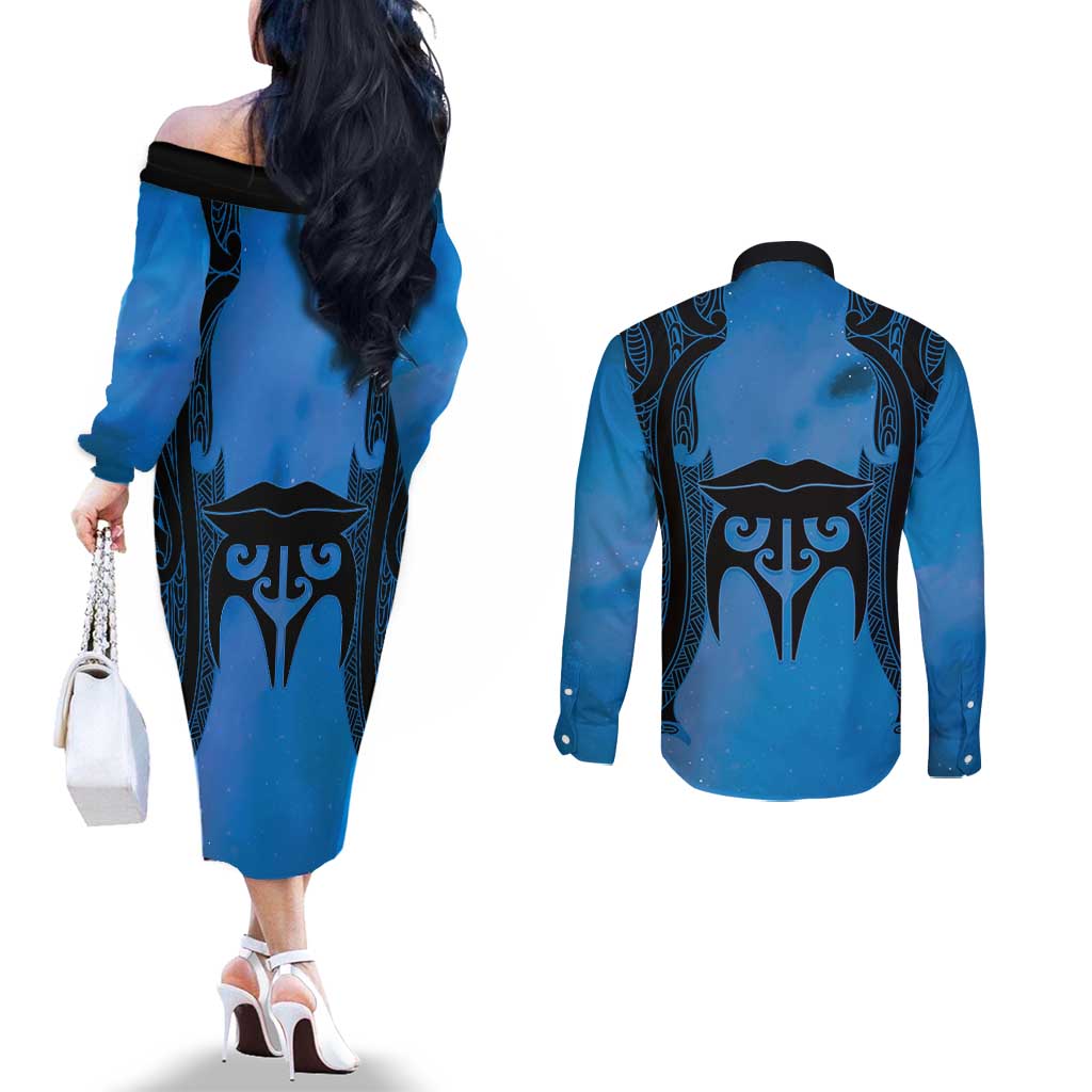 Personalised Moko Kauae New Zealand Couples Matching Off The Shoulder Long Sleeve Dress and Long Sleeve Button Shirt Maori Chin Tattoo Blue - Aussie Hoodie