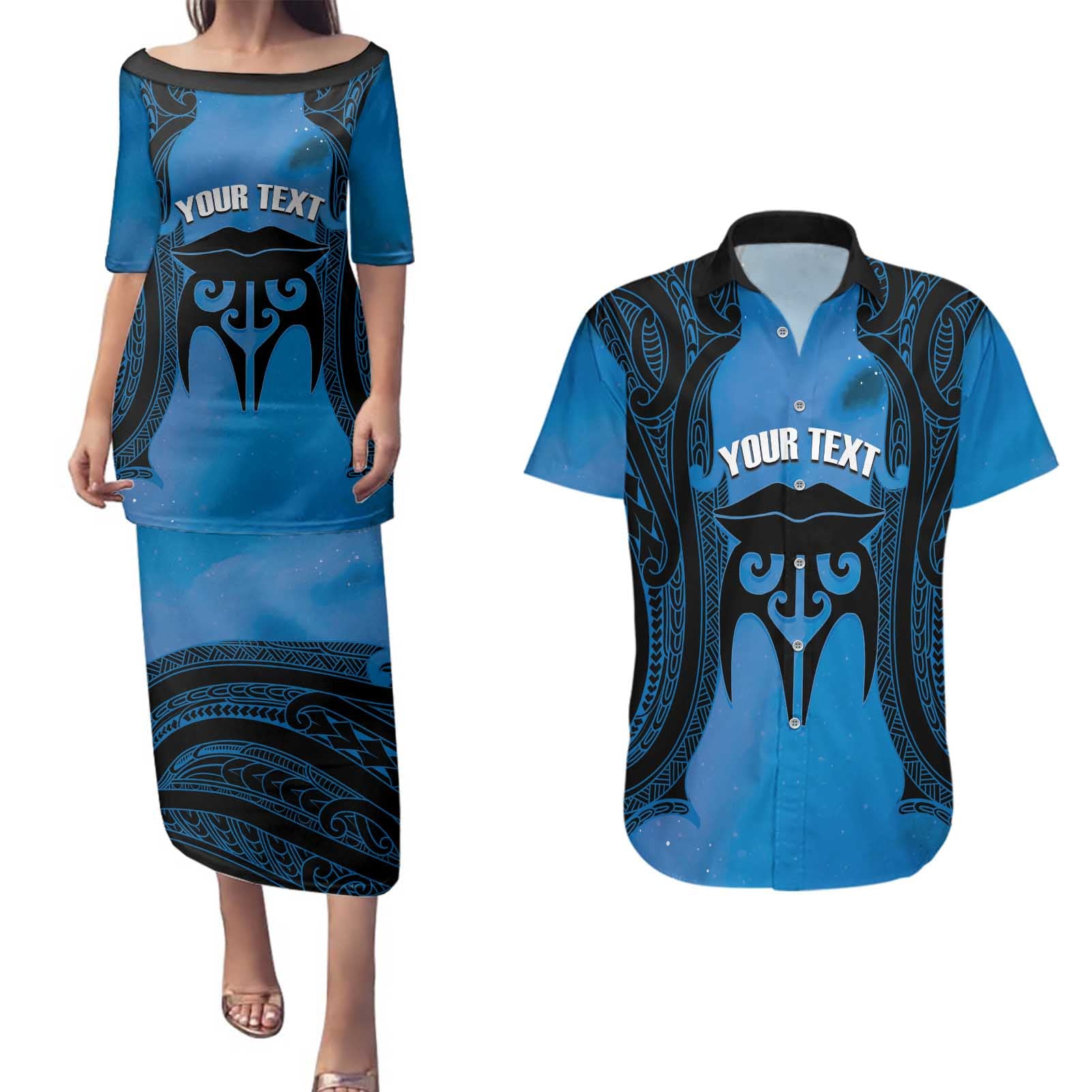 Personalised Moko Kauae New Zealand Couples Matching Puletasi and Hawaiian Shirt Maori Chin Tattoo Blue - Aussie Hoodie