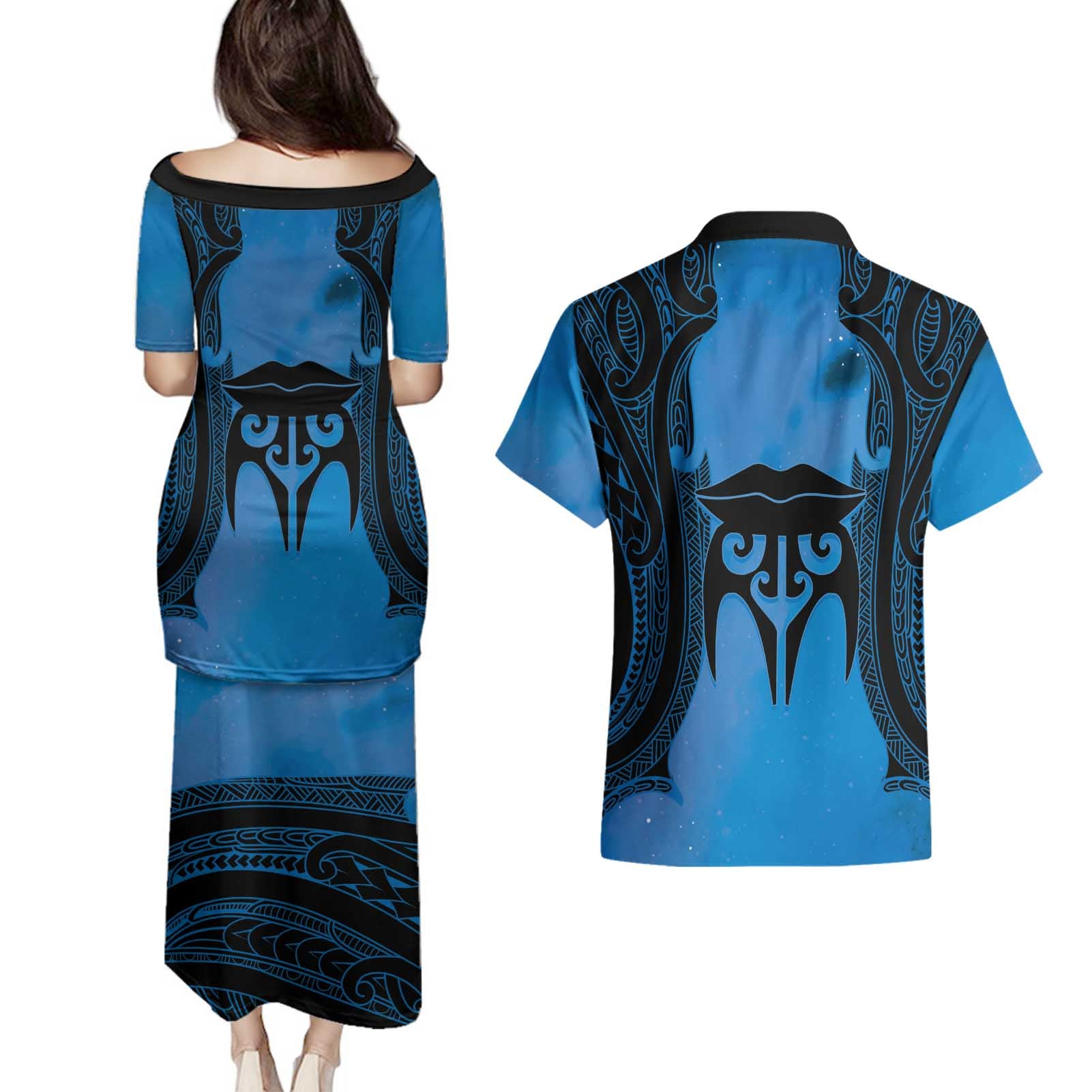 Personalised Moko Kauae New Zealand Couples Matching Puletasi and Hawaiian Shirt Maori Chin Tattoo Blue - Aussie Hoodie
