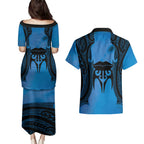 Personalised Moko Kauae New Zealand Couples Matching Puletasi and Hawaiian Shirt Maori Chin Tattoo Blue - Aussie Hoodie