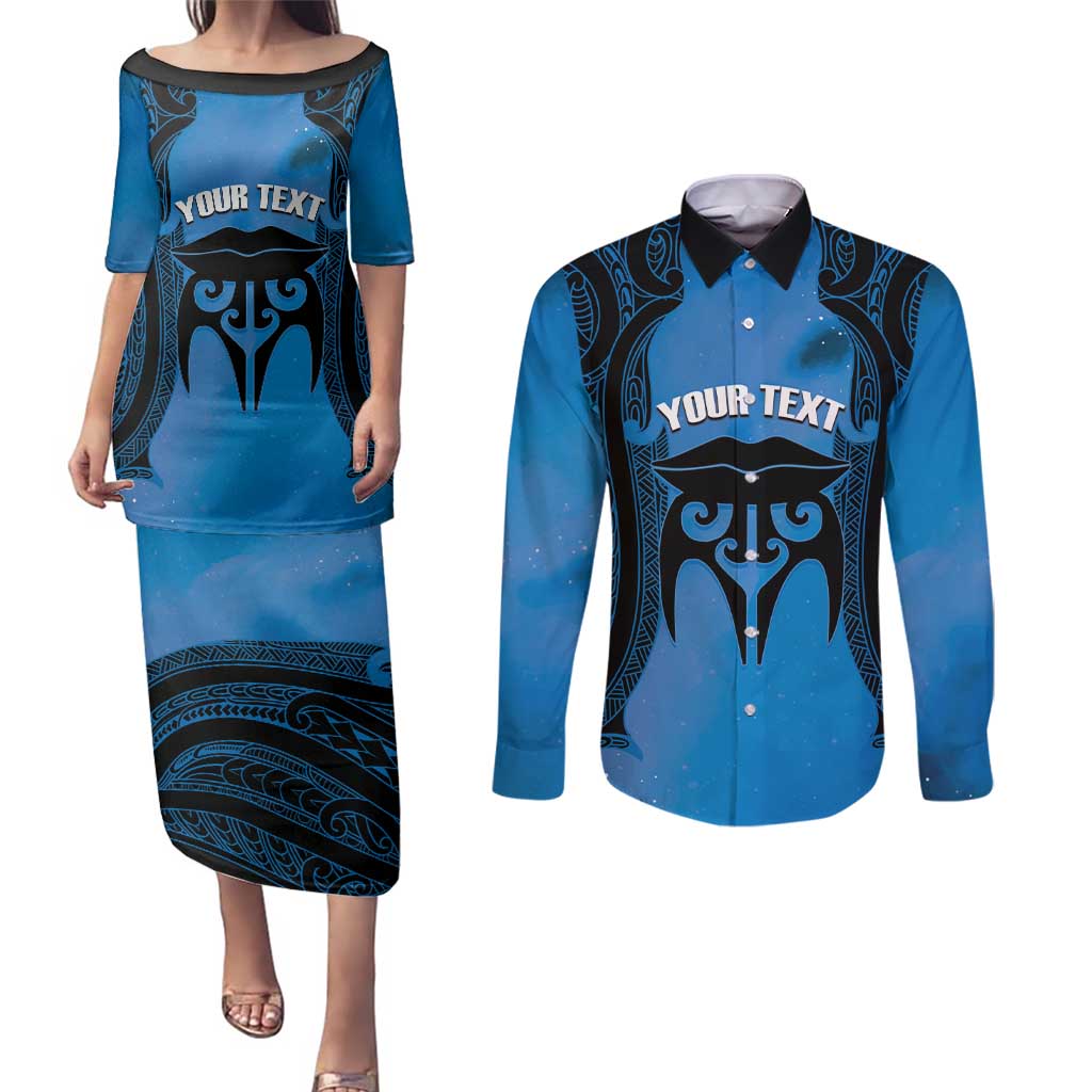 Personalised Moko Kauae New Zealand Couples Matching Puletasi and Long Sleeve Button Shirt Maori Chin Tattoo Blue - Aussie Hoodie