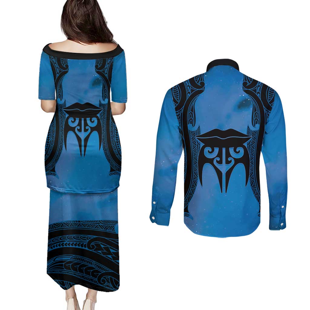 Personalised Moko Kauae New Zealand Couples Matching Puletasi and Long Sleeve Button Shirt Maori Chin Tattoo Blue - Aussie Hoodie