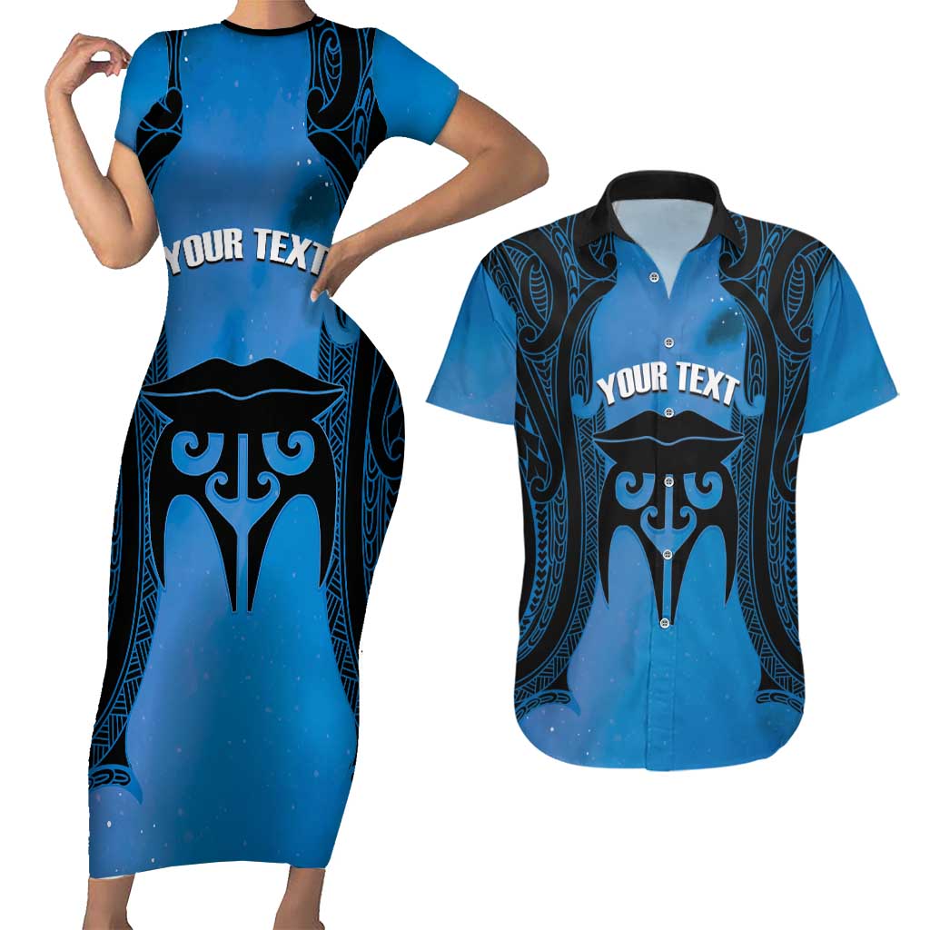 Personalised Moko Kauae New Zealand Couples Matching Short Sleeve Bodycon Dress and Hawaiian Shirt Maori Chin Tattoo Blue - Aussie Hoodie