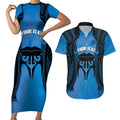 Personalised Moko Kauae New Zealand Couples Matching Short Sleeve Bodycon Dress and Hawaiian Shirt Maori Chin Tattoo Blue - Aussie Hoodie