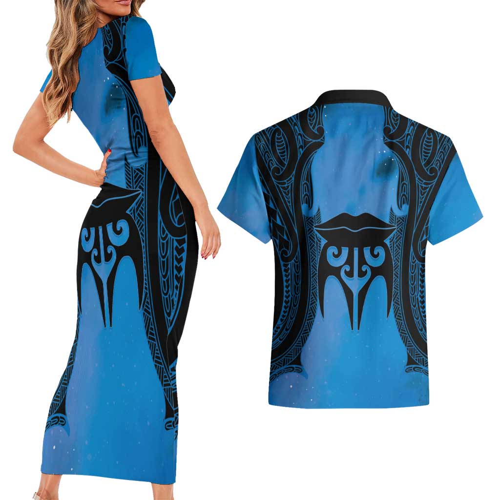 Personalised Moko Kauae New Zealand Couples Matching Short Sleeve Bodycon Dress and Hawaiian Shirt Maori Chin Tattoo Blue - Aussie Hoodie