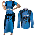 Personalised Moko Kauae New Zealand Couples Matching Short Sleeve Bodycon Dress and Long Sleeve Button Shirt Maori Chin Tattoo Blue - Aussie Hoodie