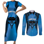 Personalised Moko Kauae New Zealand Couples Matching Short Sleeve Bodycon Dress and Long Sleeve Button Shirt Maori Chin Tattoo Blue - Aussie Hoodie