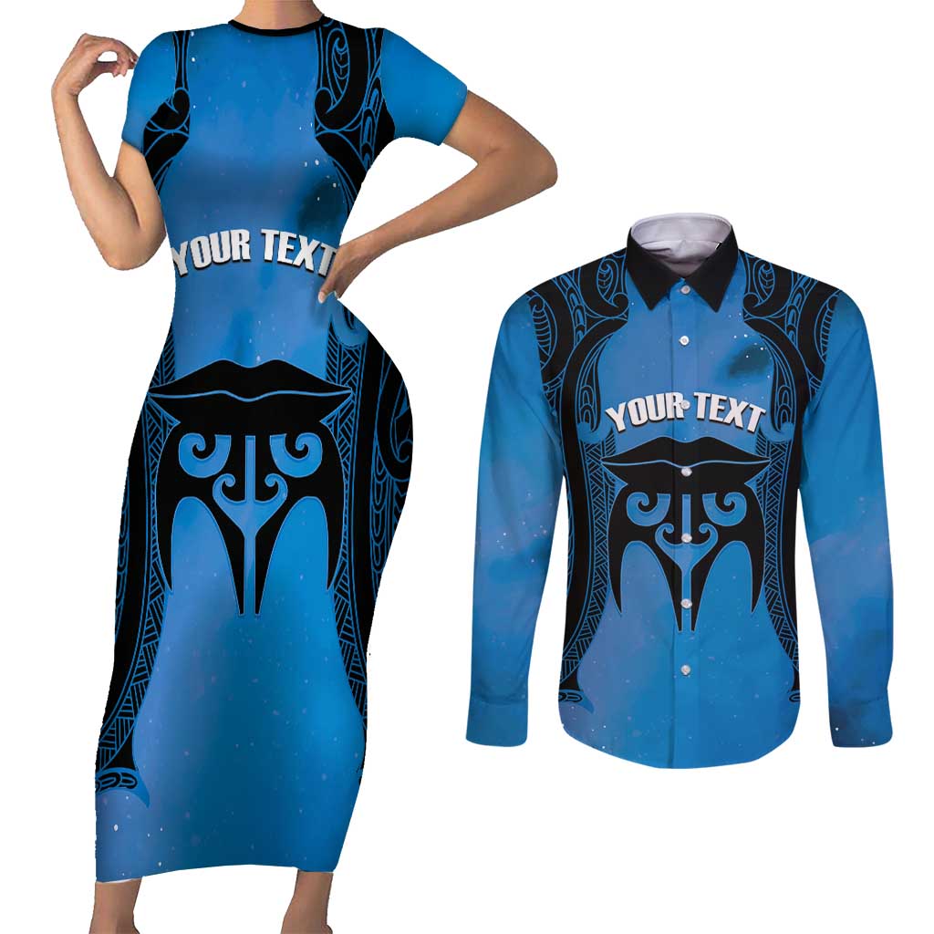 Personalised Moko Kauae New Zealand Couples Matching Short Sleeve Bodycon Dress and Long Sleeve Button Shirt Maori Chin Tattoo Blue - Aussie Hoodie