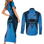 Personalised Moko Kauae New Zealand Couples Matching Short Sleeve Bodycon Dress and Long Sleeve Button Shirt Maori Chin Tattoo Blue - Aussie Hoodie
