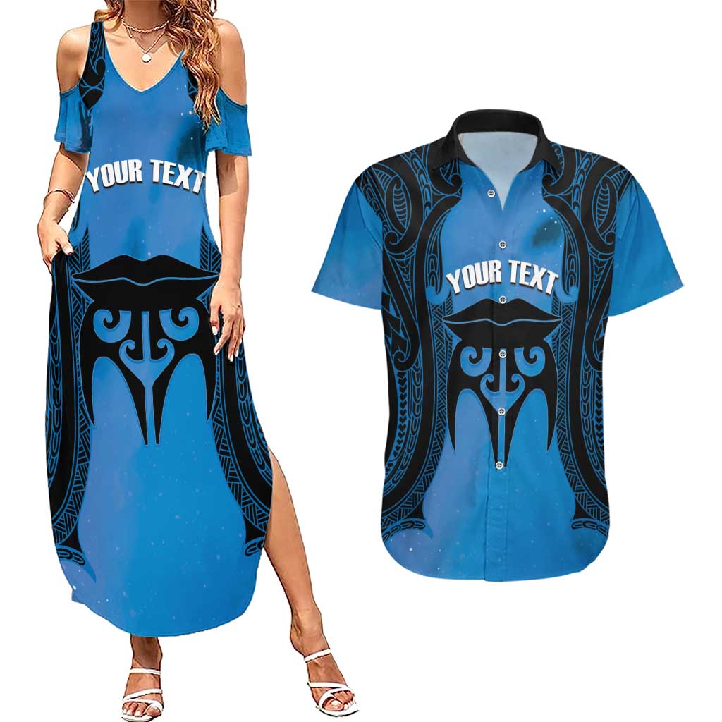 Personalised Moko Kauae New Zealand Couples Matching Summer Maxi Dress and Hawaiian Shirt Maori Chin Tattoo Blue - Aussie Hoodie