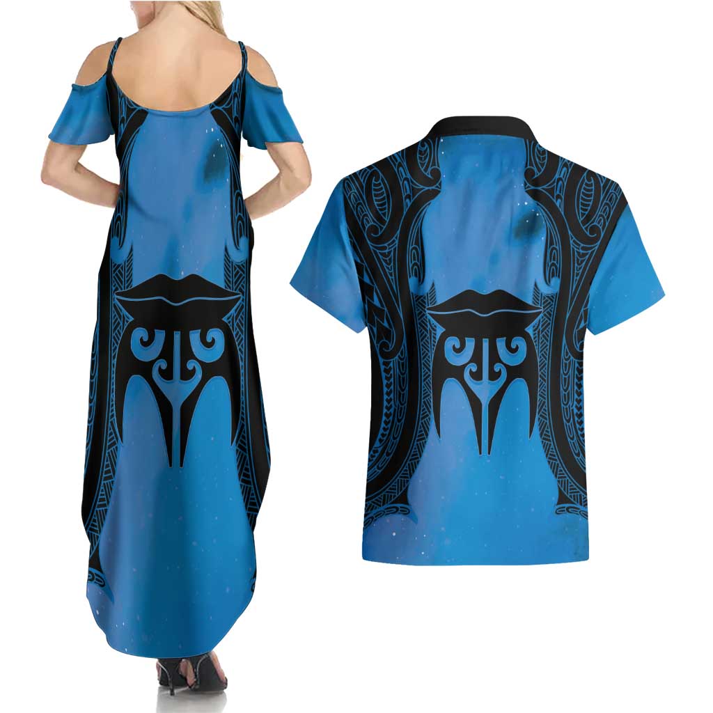 Personalised Moko Kauae New Zealand Couples Matching Summer Maxi Dress and Hawaiian Shirt Maori Chin Tattoo Blue - Aussie Hoodie