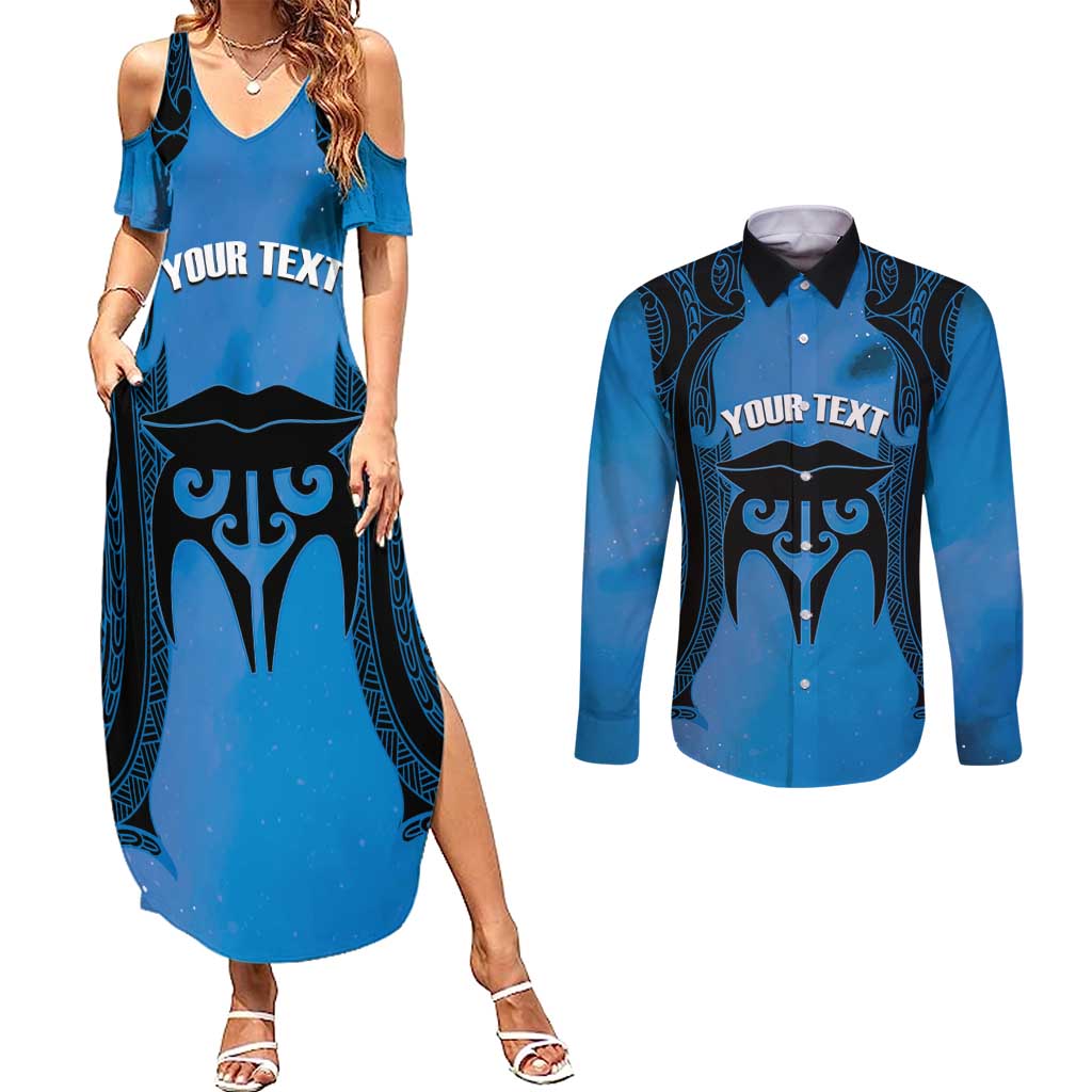 Personalised Moko Kauae New Zealand Couples Matching Summer Maxi Dress and Long Sleeve Button Shirt Maori Chin Tattoo Blue - Aussie Hoodie