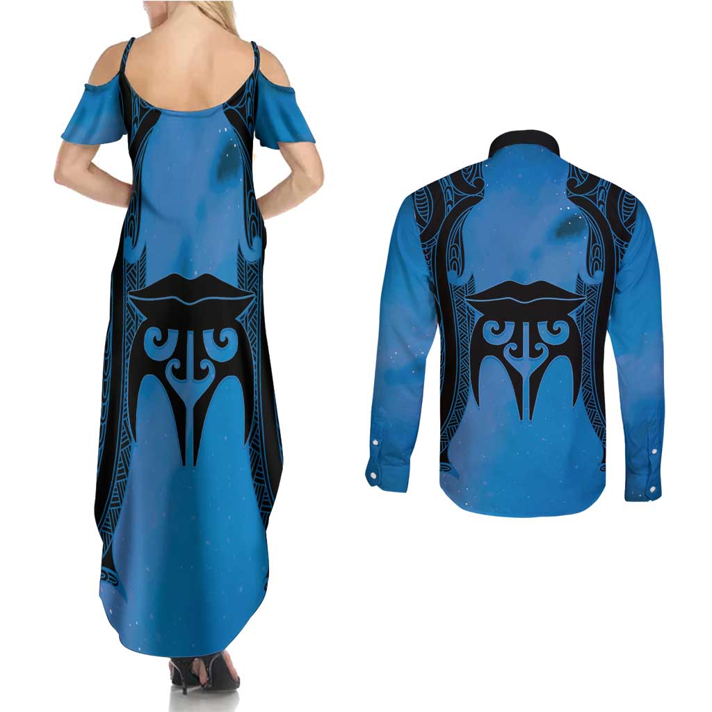 Personalised Moko Kauae New Zealand Couples Matching Summer Maxi Dress and Long Sleeve Button Shirt Maori Chin Tattoo Blue - Aussie Hoodie
