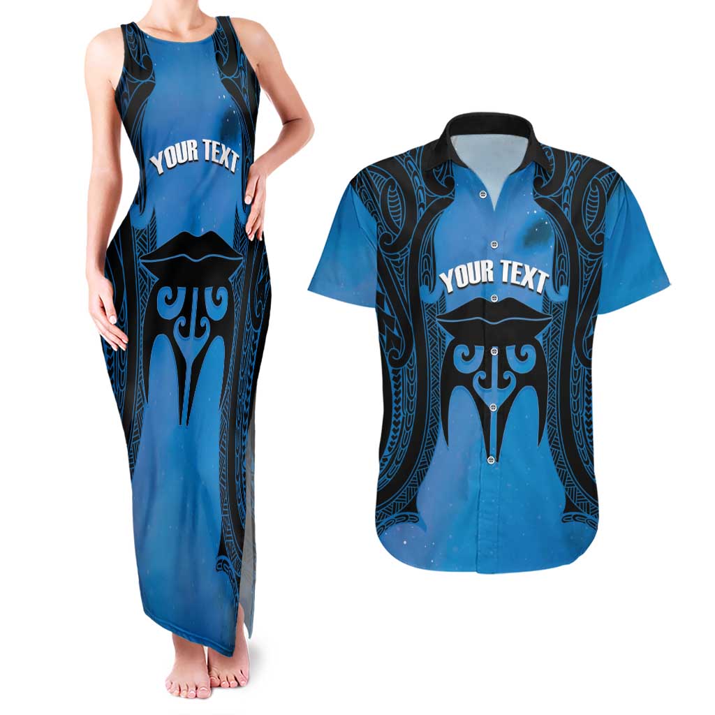 Personalised Moko Kauae New Zealand Couples Matching Tank Maxi Dress and Hawaiian Shirt Maori Chin Tattoo Blue - Aussie Hoodie