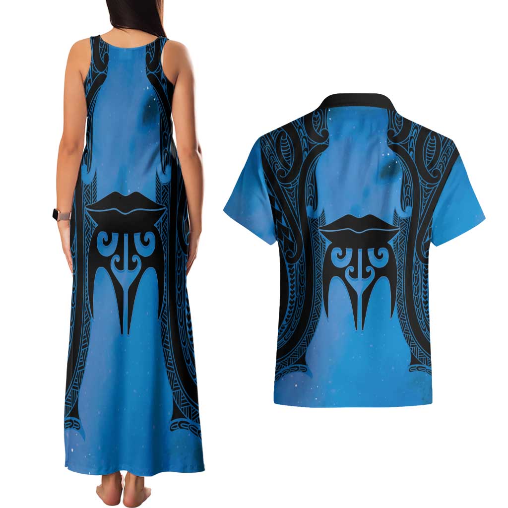 Personalised Moko Kauae New Zealand Couples Matching Tank Maxi Dress and Hawaiian Shirt Maori Chin Tattoo Blue - Aussie Hoodie