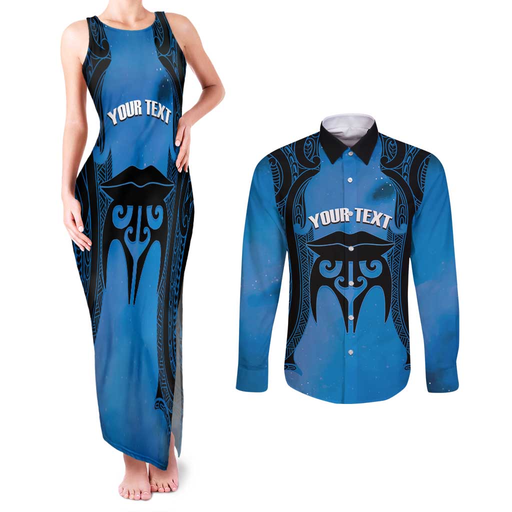 Personalised Moko Kauae New Zealand Couples Matching Tank Maxi Dress and Long Sleeve Button Shirt Maori Chin Tattoo Blue - Aussie Hoodie