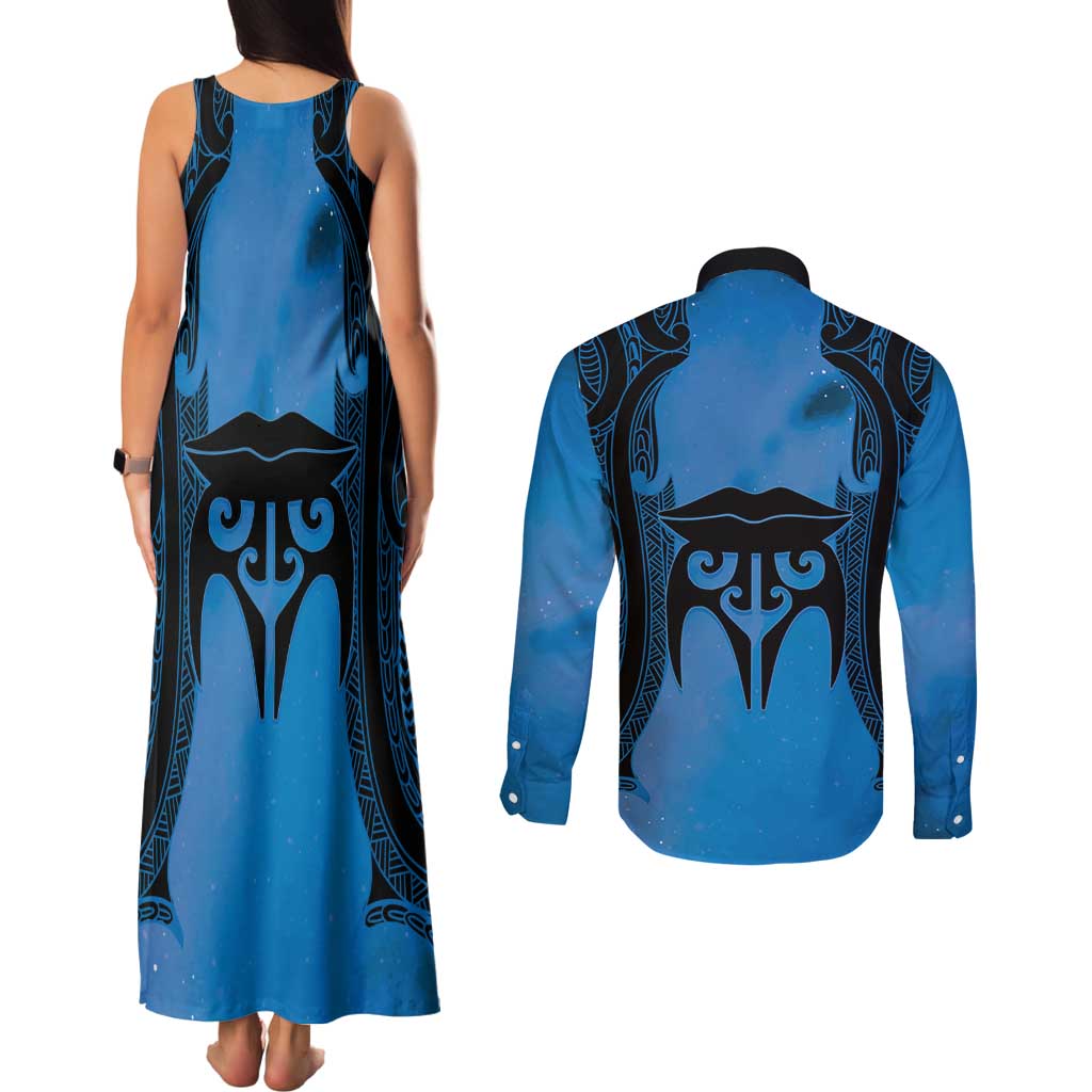 Personalised Moko Kauae New Zealand Couples Matching Tank Maxi Dress and Long Sleeve Button Shirt Maori Chin Tattoo Blue - Aussie Hoodie