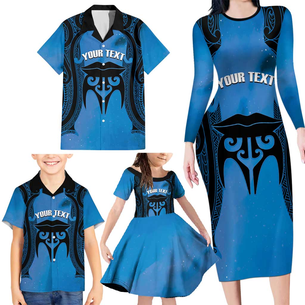 Personalised Moko Kauae New Zealand Family Matching Long Sleeve Bodycon Dress and Hawaiian Shirt Maori Chin Tattoo Blue - Aussie Hoodie
