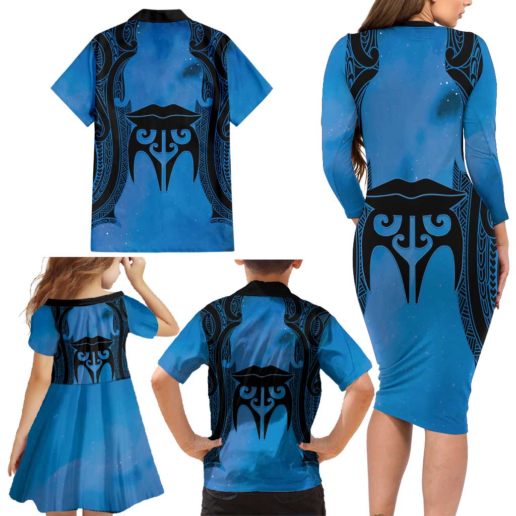 Personalised Moko Kauae New Zealand Family Matching Long Sleeve Bodycon Dress and Hawaiian Shirt Maori Chin Tattoo Blue - Aussie Hoodie