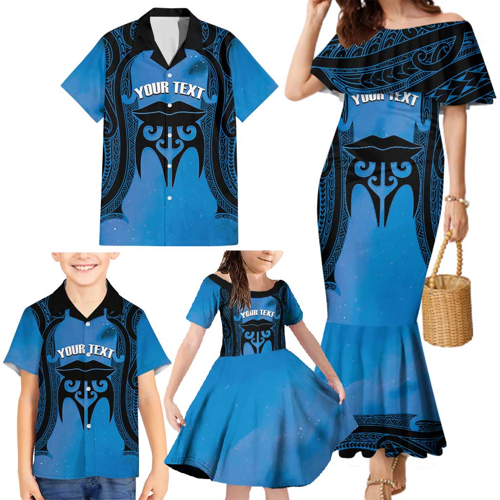 Personalised Moko Kauae New Zealand Family Matching Mermaid Dress and Hawaiian Shirt Maori Chin Tattoo Blue - Aussie Hoodie