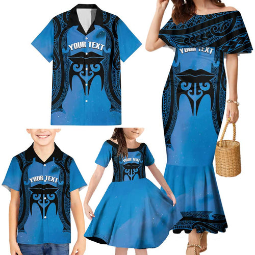 Personalised Moko Kauae New Zealand Family Matching Mermaid Dress and Hawaiian Shirt Maori Chin Tattoo Blue - Aussie Hoodie