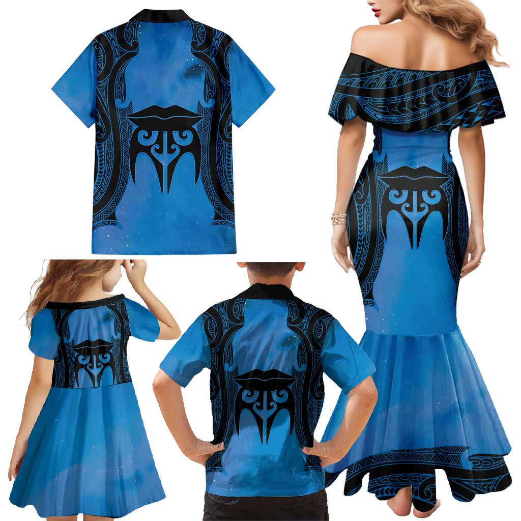 Personalised Moko Kauae New Zealand Family Matching Mermaid Dress and Hawaiian Shirt Maori Chin Tattoo Blue - Aussie Hoodie