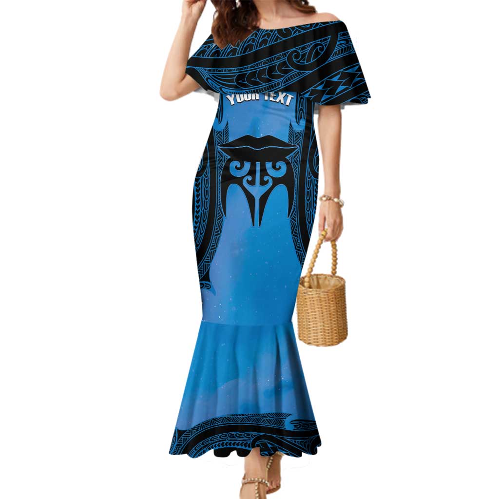 Personalised Moko Kauae New Zealand Family Matching Mermaid Dress and Hawaiian Shirt Maori Chin Tattoo Blue - Aussie Hoodie