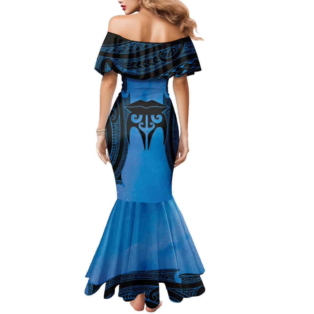 Personalised Moko Kauae New Zealand Family Matching Mermaid Dress and Hawaiian Shirt Maori Chin Tattoo Blue - Aussie Hoodie