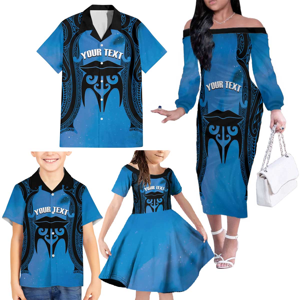 Personalised Moko Kauae New Zealand Family Matching Off The Shoulder Long Sleeve Dress and Hawaiian Shirt Maori Chin Tattoo Blue - Aussie Hoodie