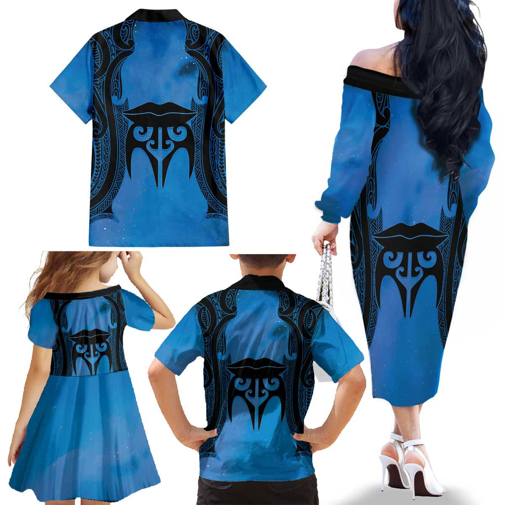Personalised Moko Kauae New Zealand Family Matching Off The Shoulder Long Sleeve Dress and Hawaiian Shirt Maori Chin Tattoo Blue - Aussie Hoodie