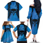 Personalised Moko Kauae New Zealand Family Matching Off The Shoulder Long Sleeve Dress and Hawaiian Shirt Maori Chin Tattoo Blue - Aussie Hoodie