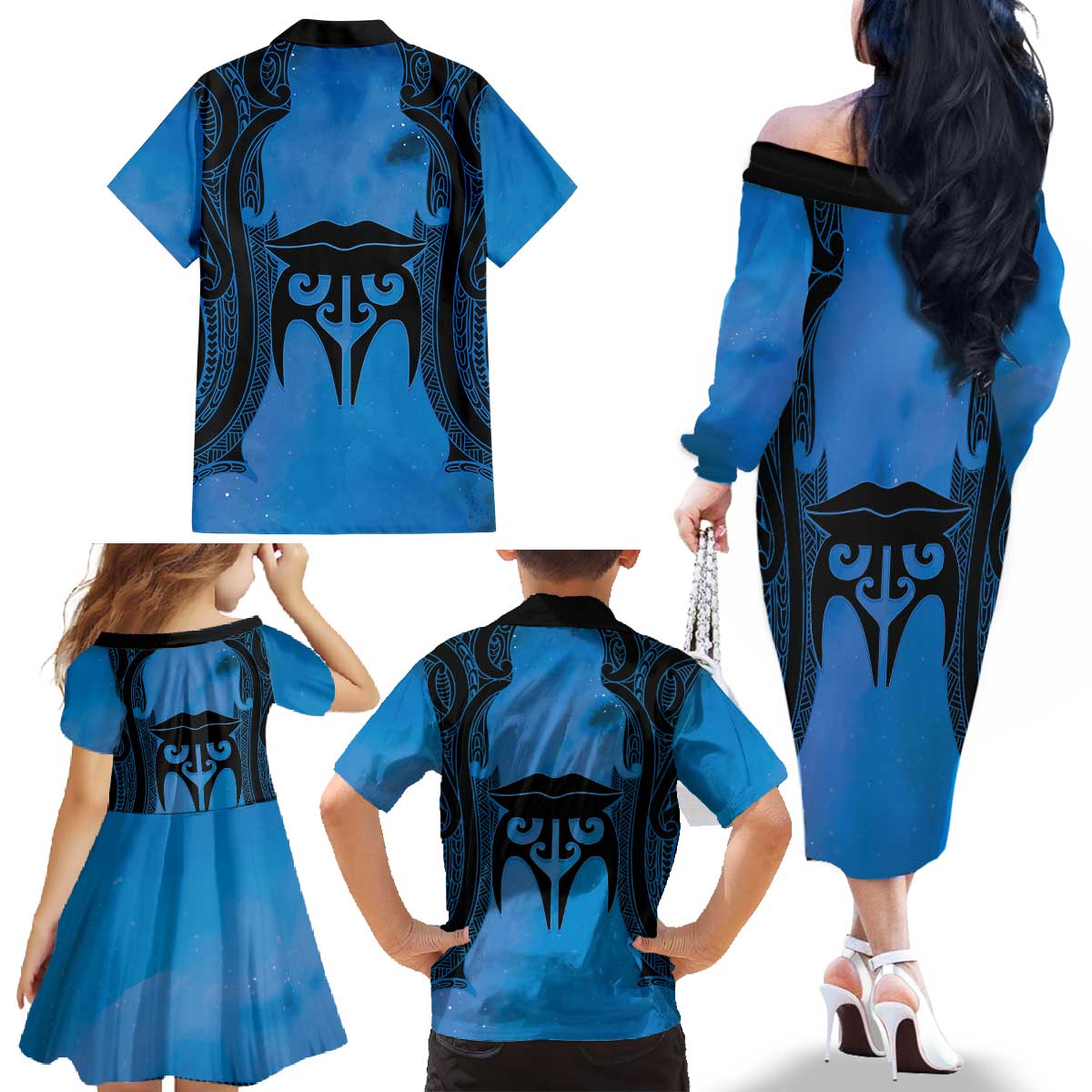 Personalised Moko Kauae New Zealand Family Matching Off The Shoulder Long Sleeve Dress and Hawaiian Shirt Maori Chin Tattoo Blue - Aussie Hoodie