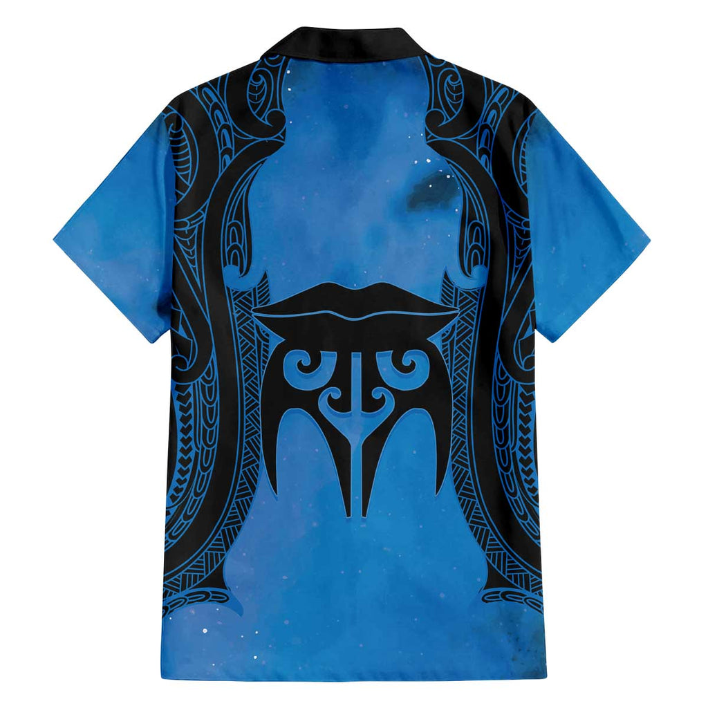 Personalised Moko Kauae New Zealand Family Matching Off The Shoulder Long Sleeve Dress and Hawaiian Shirt Maori Chin Tattoo Blue - Aussie Hoodie