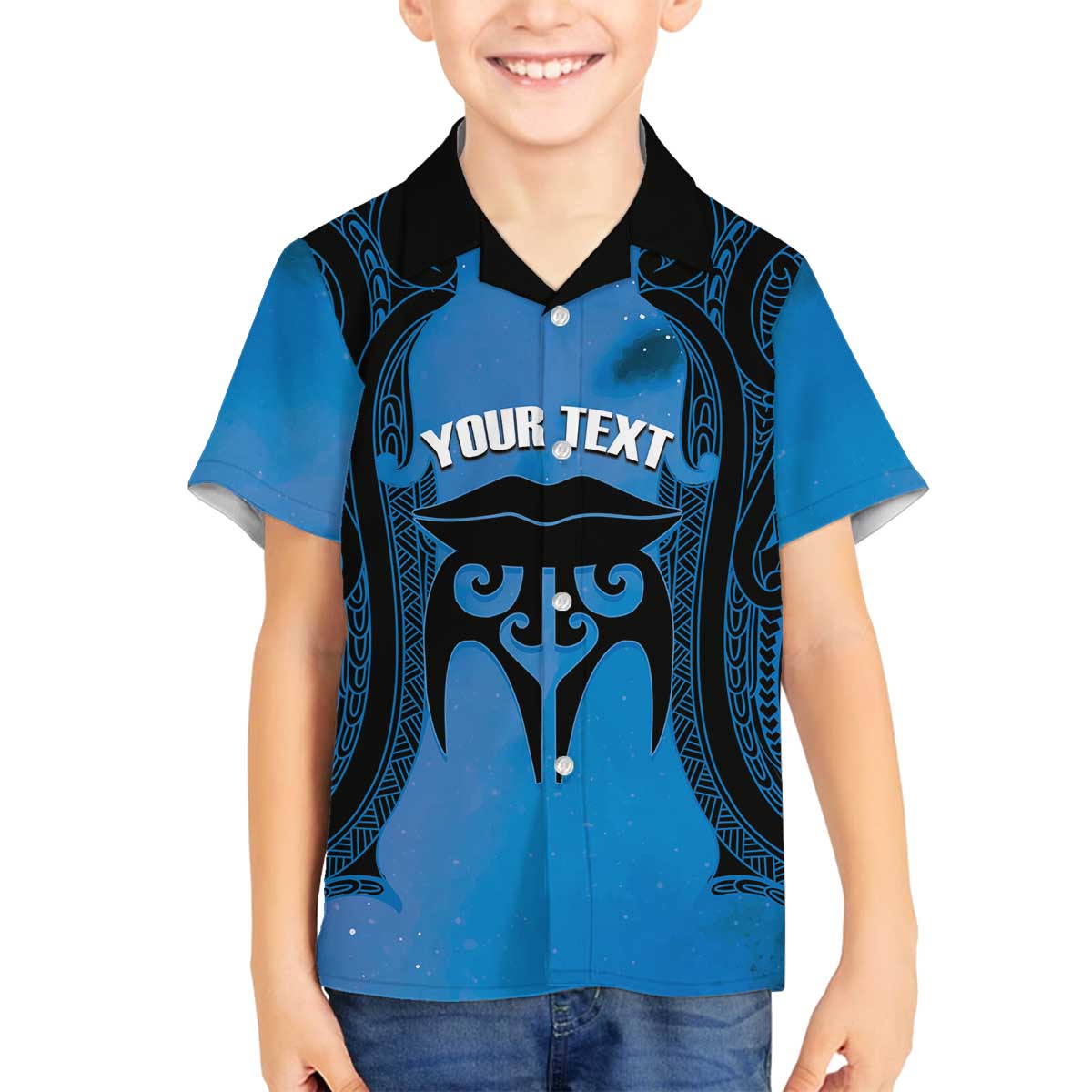 Personalised Moko Kauae New Zealand Family Matching Off The Shoulder Long Sleeve Dress and Hawaiian Shirt Maori Chin Tattoo Blue - Aussie Hoodie