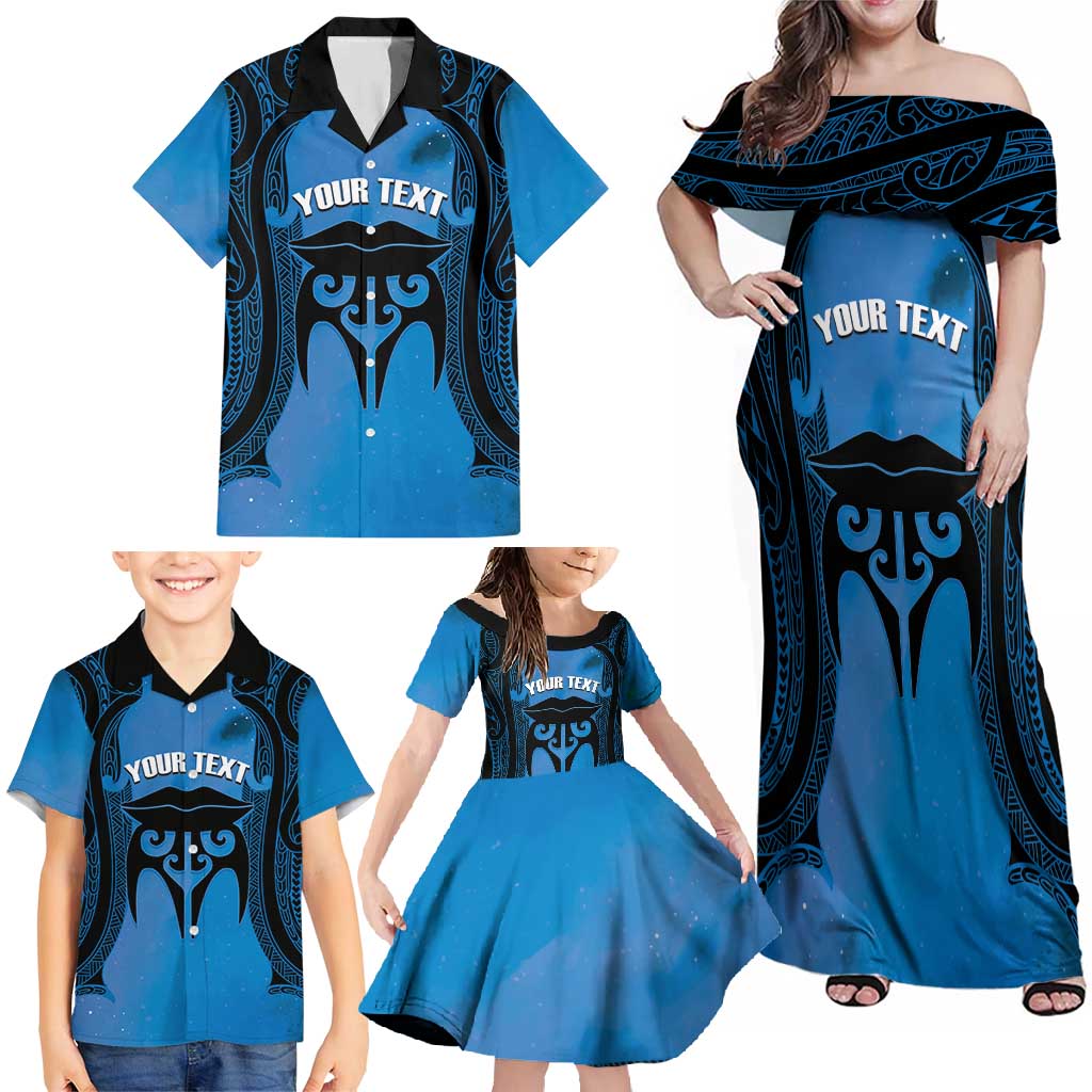 Personalised Moko Kauae New Zealand Family Matching Off Shoulder Maxi Dress and Hawaiian Shirt Maori Chin Tattoo Blue - Aussie Hoodie