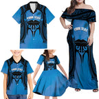 Personalised Moko Kauae New Zealand Family Matching Off Shoulder Maxi Dress and Hawaiian Shirt Maori Chin Tattoo Blue - Aussie Hoodie