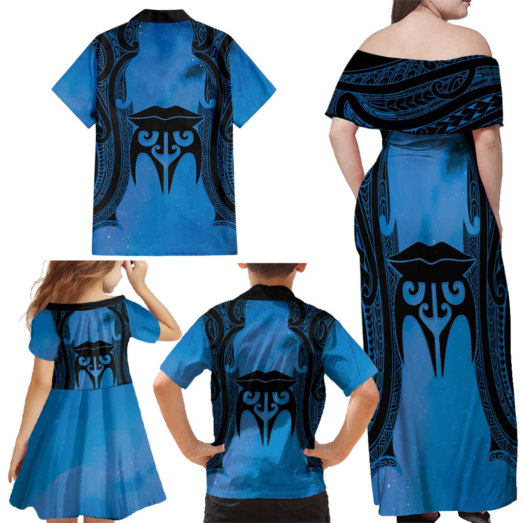 Personalised Moko Kauae New Zealand Family Matching Off Shoulder Maxi Dress and Hawaiian Shirt Maori Chin Tattoo Blue - Aussie Hoodie