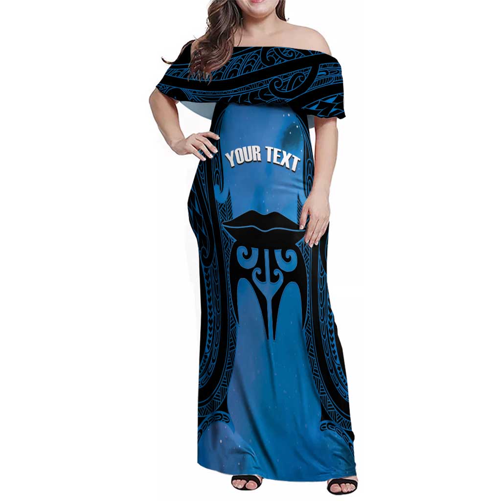 Personalised Moko Kauae New Zealand Family Matching Off Shoulder Maxi Dress and Hawaiian Shirt Maori Chin Tattoo Blue - Aussie Hoodie