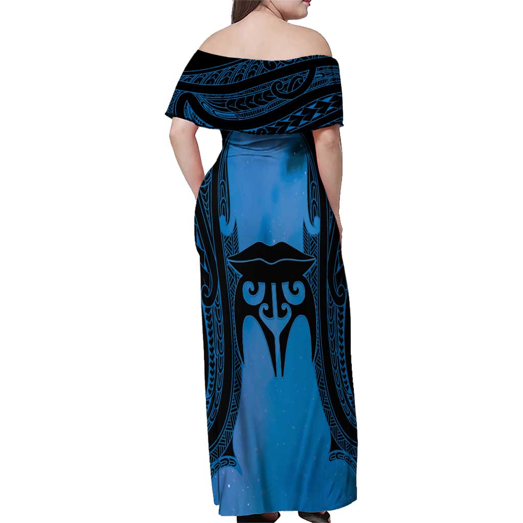 Personalised Moko Kauae New Zealand Family Matching Off Shoulder Maxi Dress and Hawaiian Shirt Maori Chin Tattoo Blue - Aussie Hoodie