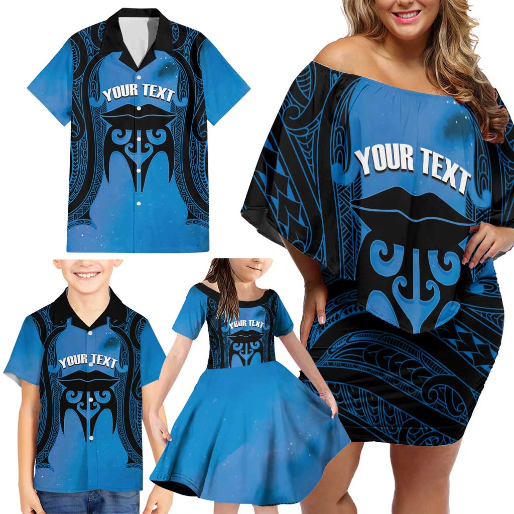 Personalised Moko Kauae New Zealand Family Matching Off Shoulder Short Dress and Hawaiian Shirt Maori Chin Tattoo Blue - Aussie Hoodie