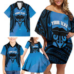 Personalised Moko Kauae New Zealand Family Matching Off Shoulder Short Dress and Hawaiian Shirt Maori Chin Tattoo Blue - Aussie Hoodie