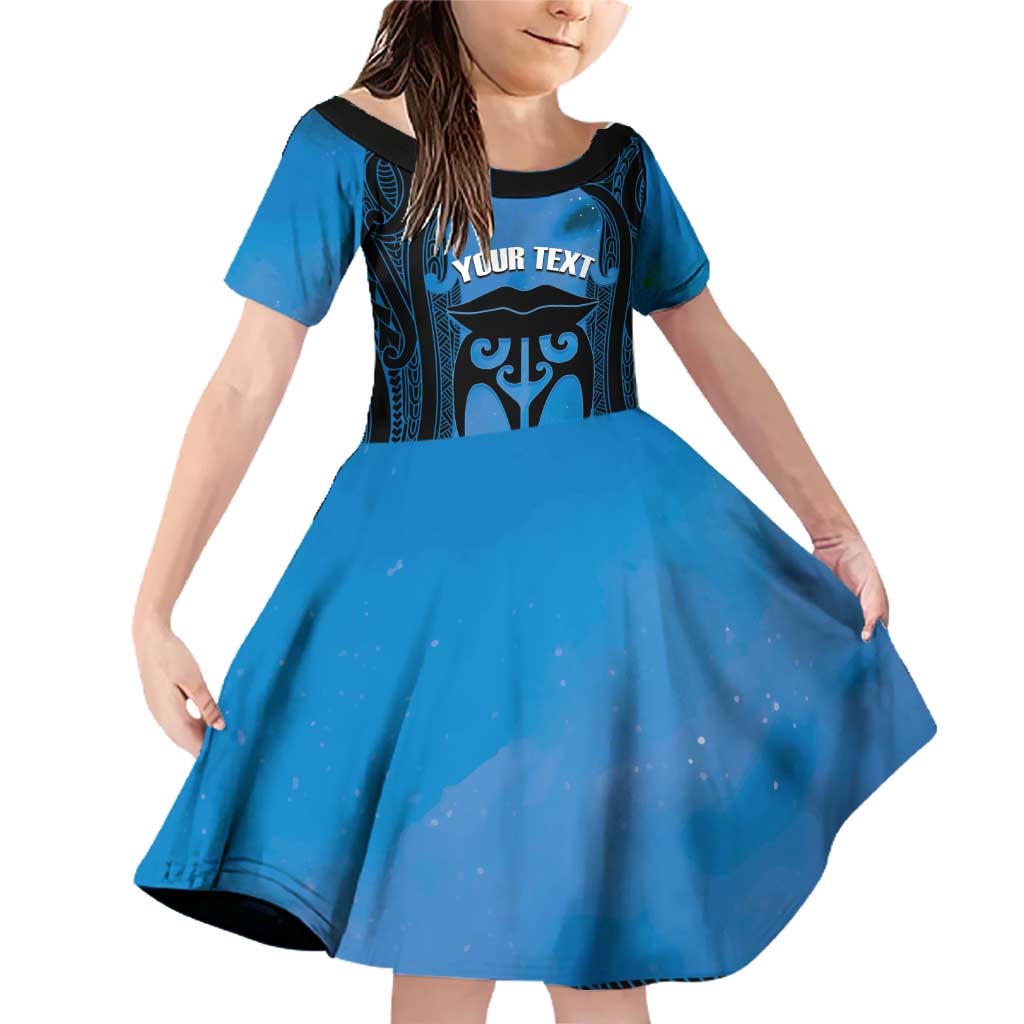 Personalised Moko Kauae New Zealand Family Matching Off Shoulder Short Dress and Hawaiian Shirt Maori Chin Tattoo Blue - Aussie Hoodie